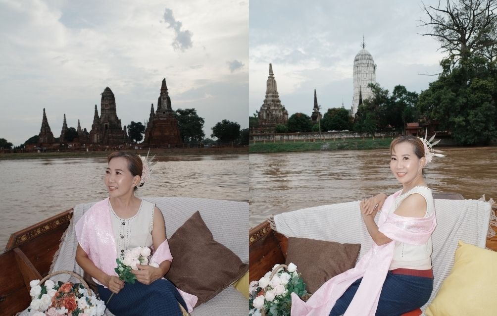 Discover Ayutthaya by River: A Cultural Cruise Experience Ayutthaya boat tour, Thai traditional dress, Chao Phraya River, temple view, Ayutthaya photography